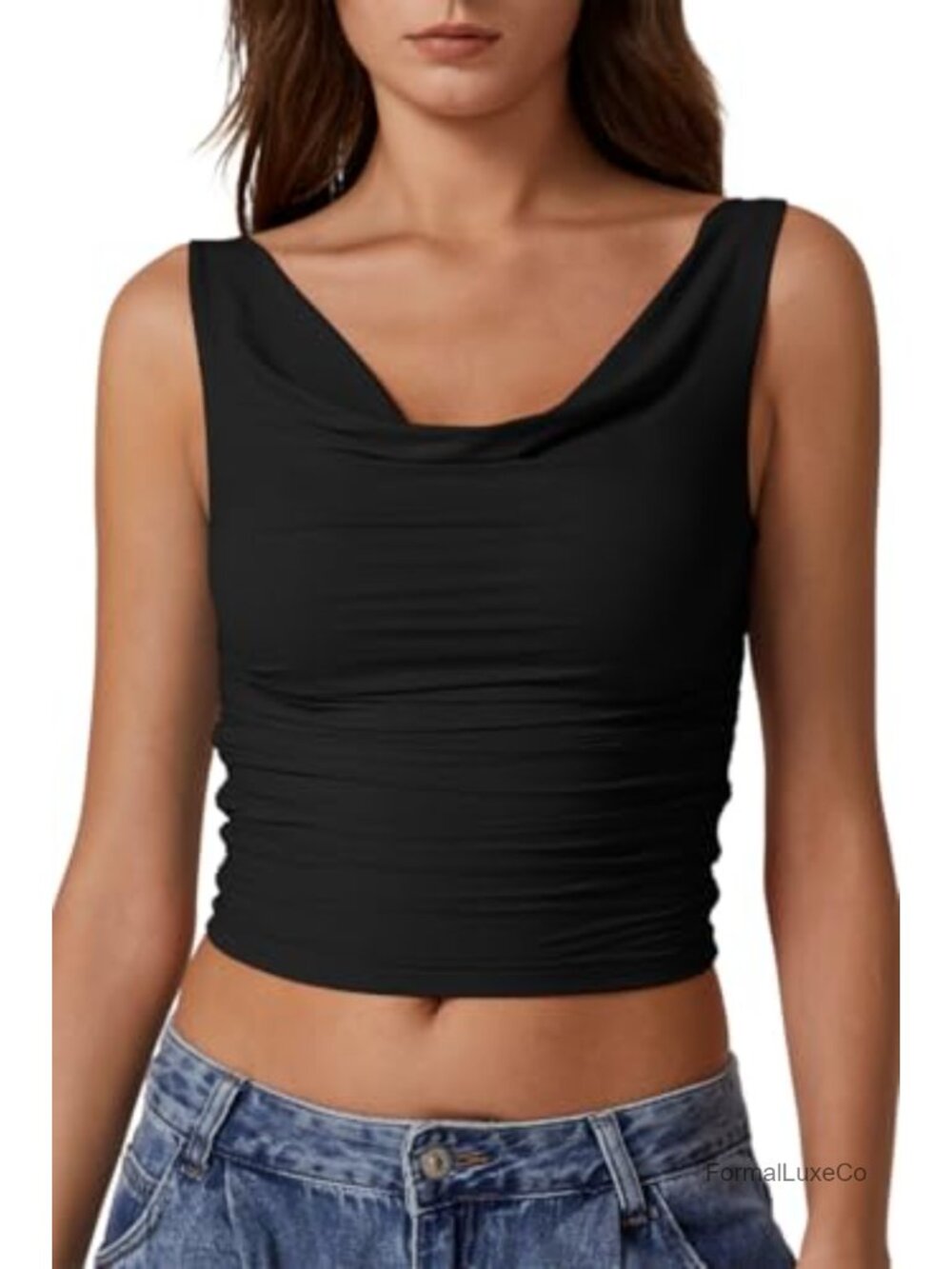 Sleeveless Cowl Neck Ruched Double Lined Crop Top Y2K Tank Top